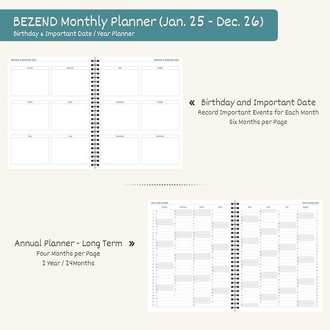 BEZEND Monthly Planner 2025-2026, Large Size, 2 Year Monthly Calendar 8.5" x 11" - 120 GSM Thick Paper - Spiral Planner with Pockets, Tabs, Calendar with Note Sections, Pen Loop, Softcover - Sky Blue