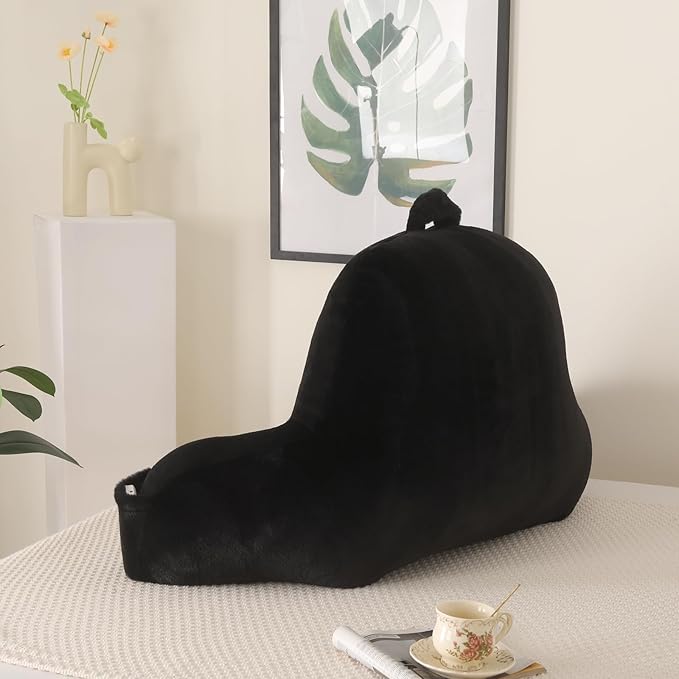 Reading Pillow for Sitting in Bed, Large Backrest Reading Pillow with Arm Rest,Back-Rest Support Cushion for Sit Up on Couch, Sofa, and Floor, Dorm Essentials (Black Faux Fur, Large(19"))
