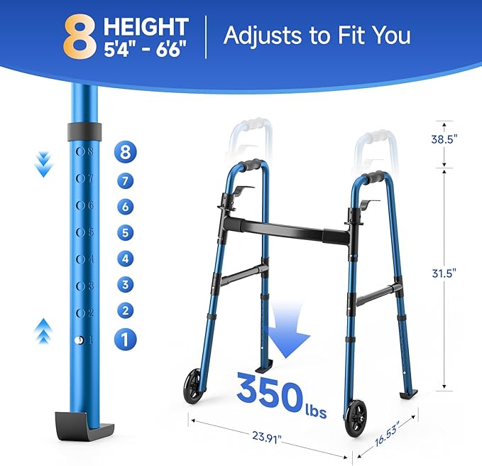 Folding Walker for Seniors, Front Wheel Walker with Storage Bag & Rear Ski Glides, Height Adjustable, 350lbs Capacity, Blue