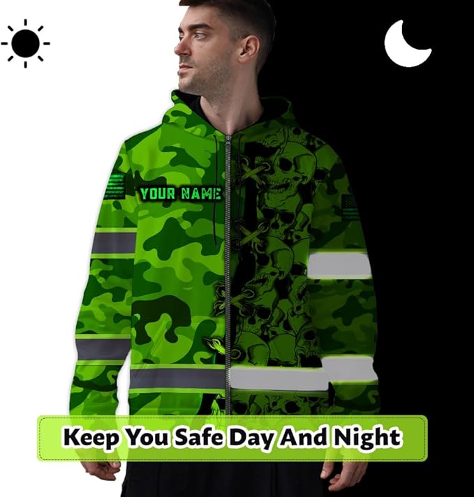 Maddly Hi Vis Reflective Zip Up Hoodie, High Visibility Safety Jacket with Skull Design for runner, worker, trucker, cyclist