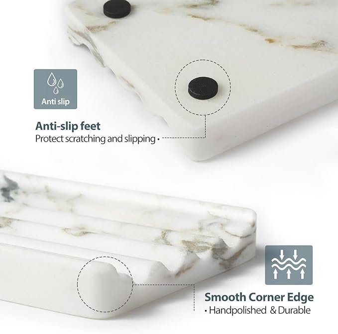 Koville African Natural Marble Soap Dish for Shower, Stone Soap Tray for Bathroom, Bar Soap Holder for Sink, Stripe Grooves Soap Saver Stone Dish Keep Bars Dry Easy Clean (Namib Bianco)