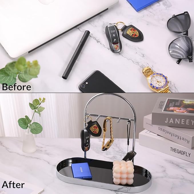 Shinpuru Metal Jewelry Organizer Stand & Key Holder Tray with Acrylic Base, Key Stand and Jewelry Tray with 5 Hooks, Perfect Key Bowl, Valet Tray, Ring Holder, Jewelry Dish (Matt Creamy)