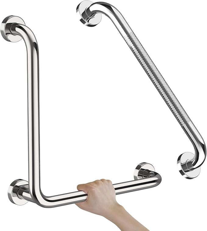 Polished Chrome L-Shaped Grab Bar 16x16 Inch + Knurled Shower Grab Rail 20 Inch, Zepolu Stainless Steel Angled Toilet Safety Bar, Bathroom Mobility Aid Handrail, Balance Support Assist Bar for Senior