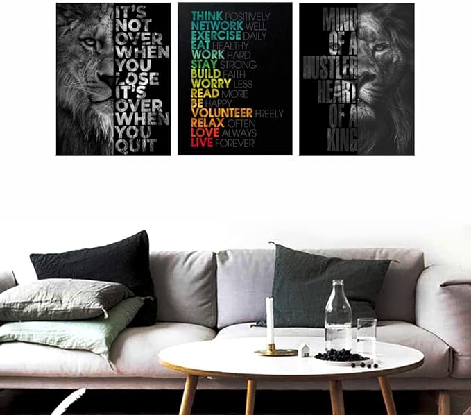 Unbruvo Motivational Office Wall Art Inspirational Canvas Wall Art Lion Picture Print Entrepreneur Quote Wall Painting 3 Pieces Artwork for Living Room Bedroom Classroom Home Decor(72”Wx36”H)