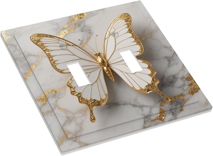Gold Marble Shine Butterfly Abstract Modern Print Decorative Switch Plates 2 Gang Double Toggle Outlet Light Switch Cover Wall Plate Electrical Faceplate for Bed Room Bathroom Decor