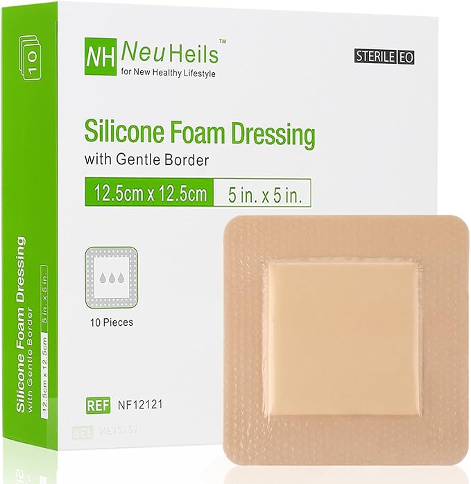 NeuHeils Silicone Foam Dressing with Gentle Border 5''x5'', 10 Pack for Bed Sore Leg Ulcer, High Absorbency Large Waterproof Silicone Adhesive Wound Bandages Patches