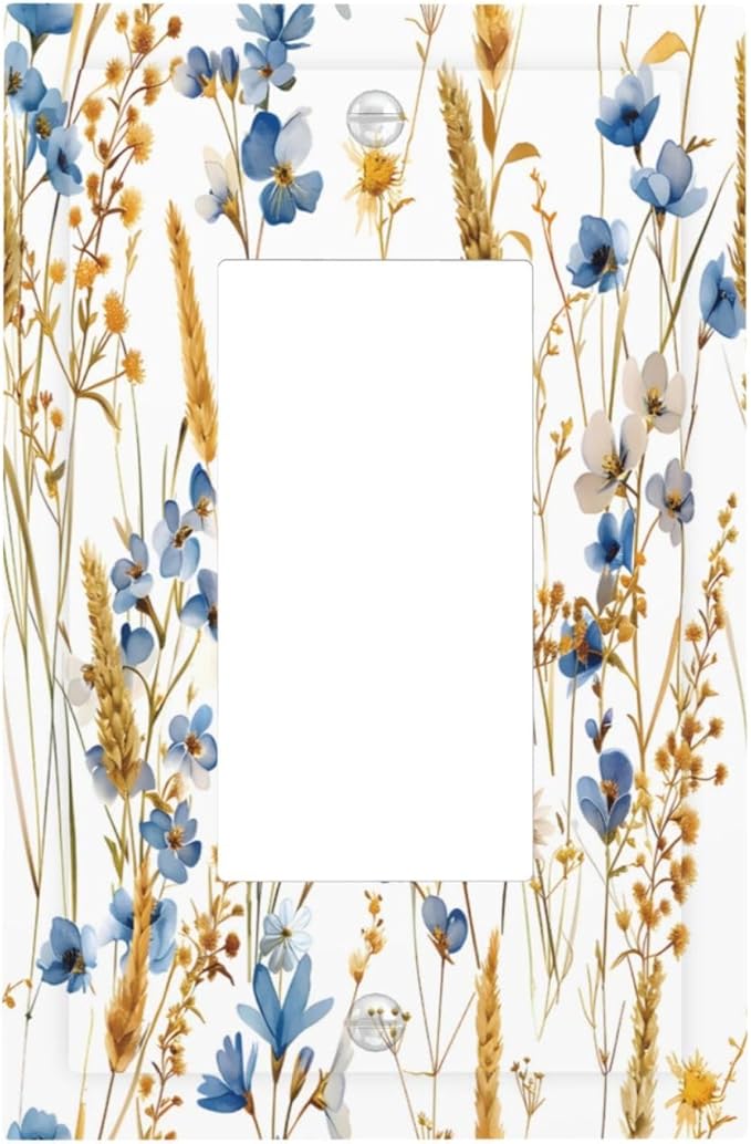 Vintage Wildflower Blue Gold Country Fall Wheat Floral Decorative Outlet Covers 1 Gang Single Rocker Light Switch Cover Plate Wall Plates GFCI Faceplate for Bedroom Living Room Decor