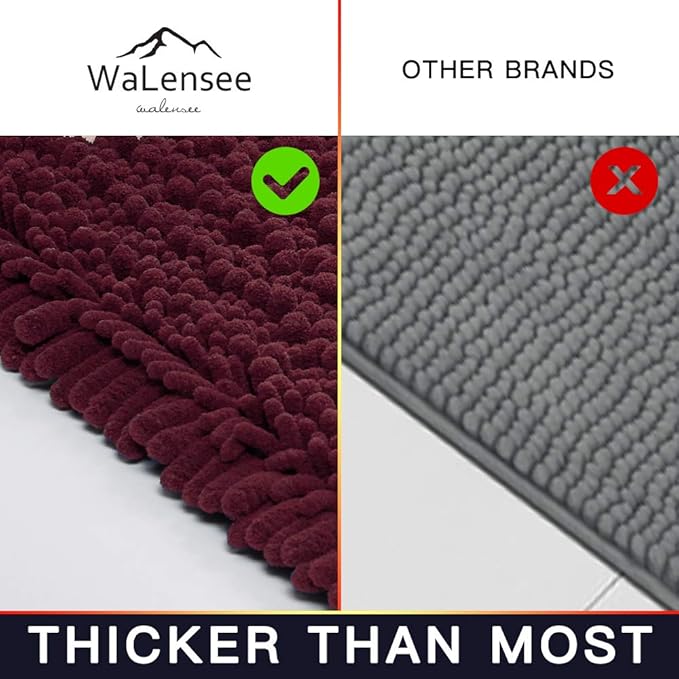 Walensee Bathroom Rug Non Slip Bath Mat (32x20 Inch Burgundy) Water Absorbent Super Soft Shaggy Chenille Machine Washable Dry Extra Thick Perfect Absorbant Best Large Plush Carpet for Shower Floor