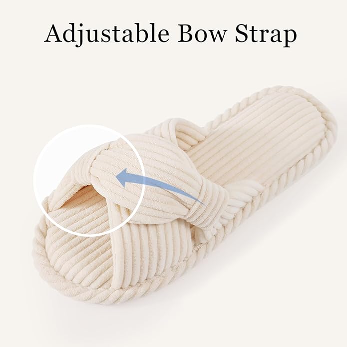 Evshine Fall House Slippers for Women Corduroy Cross Bow Indoor Slippers Open Toe Slip On Bedroom Shoes with Memory Foam
