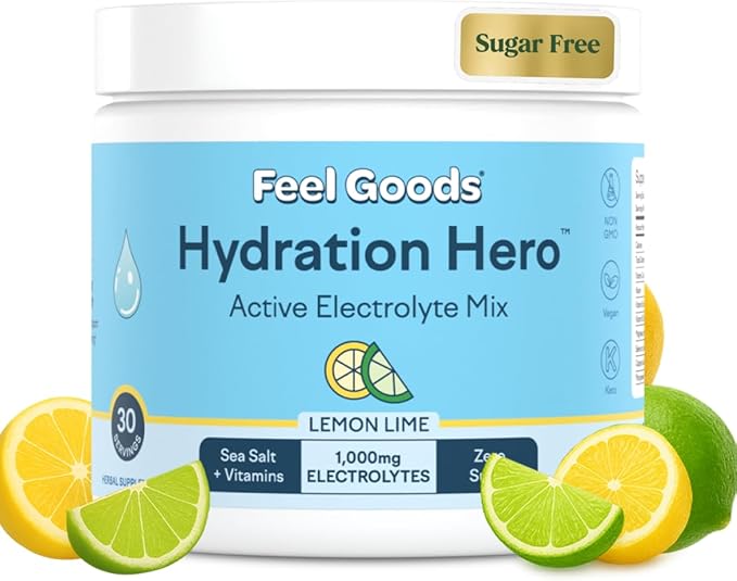 Feel Goods Hydration Hero, 1,000mg Electrolytes Powder, Sugar Free, Magnesium, Organic Aloe Vera, Organic Aloe, L Theanine, Vitamin C & B12, Non GMO, Keto, Vegan | Lemon Lime, 30 Servings