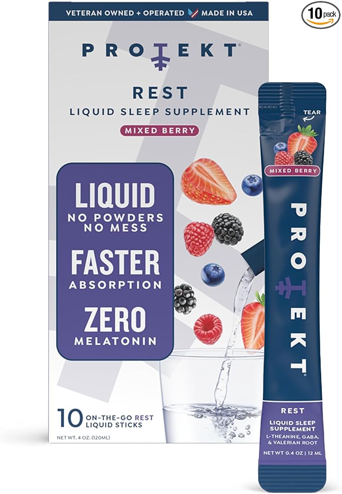 PROTEKT GABA L Theanine Supplement | Melatonin-Free Sleep Aid for Adults | Valerian Root for Night Support & Restful Sleep | GABA Calm Liquid Drink Mix for Adults | Mixed Berry, Pack of 10