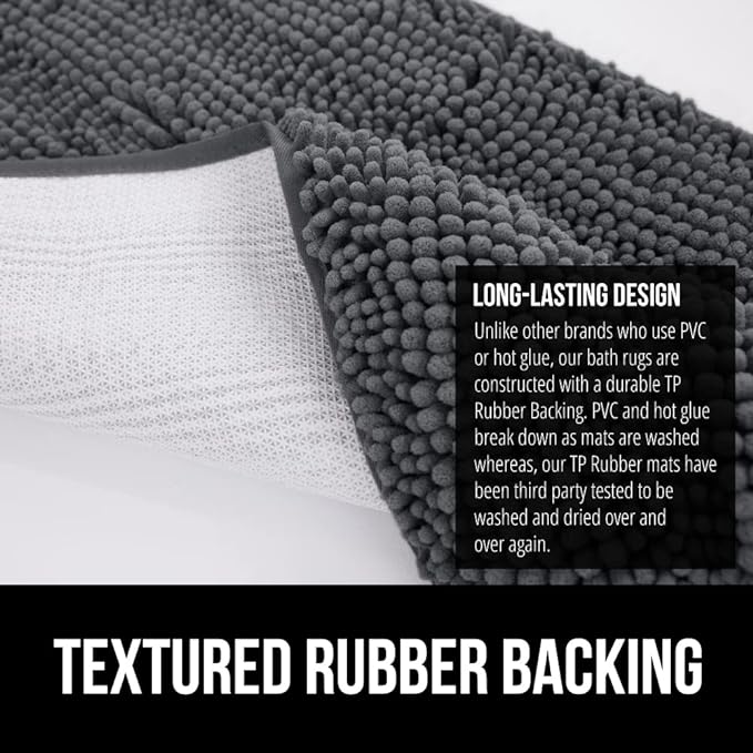 GORILLA GRIP Bath Rug Mat 48x17, Soft Absorbent Chenille, Quick Dry Microfiber Mats, Rubber Backing Washable Shower Floor Rugs, Bathmat Runner, US Designed Bathroom Home Decor Accessories Charcoal