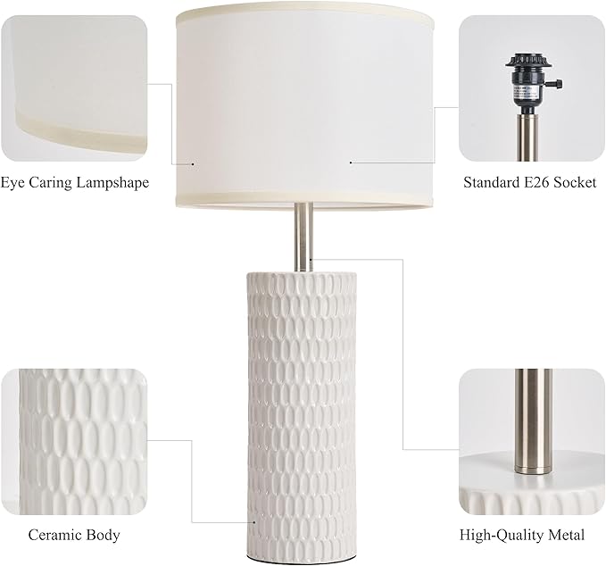 26.5" Ceramic Table Lamp, Table Lamp for Living Room, White Lamp for Bedroom, Night Stand Lamps, Modern Bedside Lamp Set of 2, End Table Lamps, White