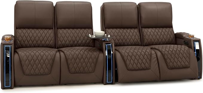 Seatcraft Apex Zero-Gravity CoolZero Italian Leather Home Theater Seating, Powered Headrest, Powered Lumbar, Powered Recline, Row of 4 Dual Loveseats, Brown