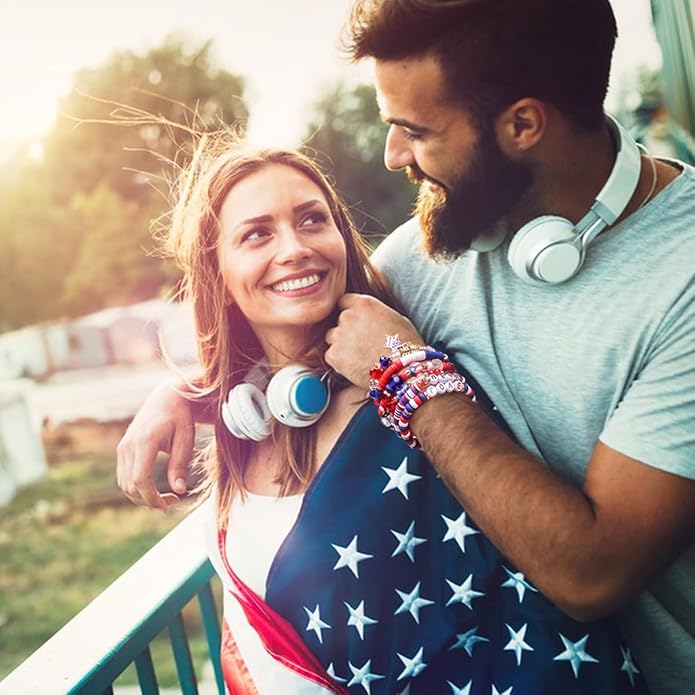 Independence Day Gifts for Women Men Teens Red White Blue Clay Beaded Stackable Stretch Bracelets USA Patriotic Jewelry 4th of July Accessories
