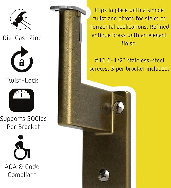 Promenaid 11ft ADA Handrail Kit - Architectural Bronze - Complete Indoor/Outdoor Handrail for Stairs - 1.6" Round Anodized Aluminum Railing with 5 Antique Brass Pivoting Brackets & ADA Wall Returns