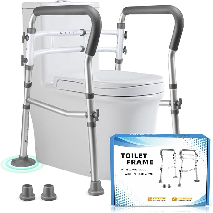 Toilet Safety Rails for Seniors, Adjustable Toilet Safety Frame Handles Fits Most Toilets, Gifts for Handicap and Disabled Seniors Elderly, Foldable, Safe Weight Capacity of 330 lbs(150KG)