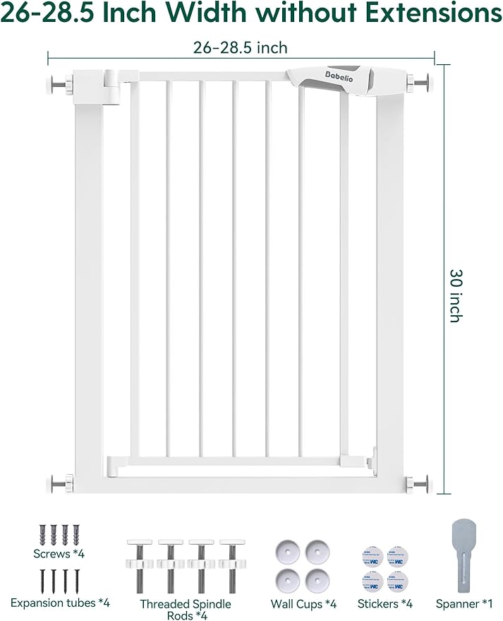 BABELIO 26-28.5 Inch Narrow Easy Install Baby Gate, 30 Inch Tall Auto-Close Metal Pet Gate for Small Stairs and Doorways, NO Drilling Pressure Mounted, NO Extensions, White