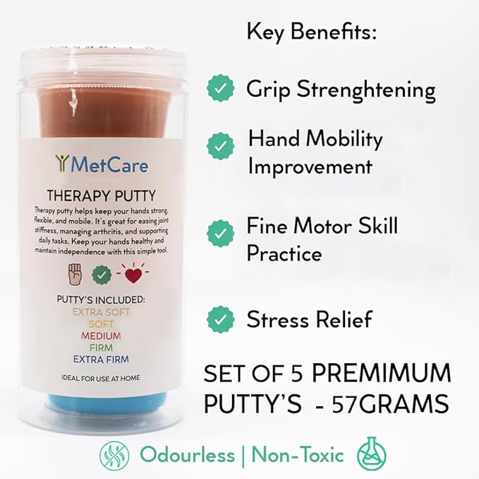 Therapy Putty 5 Strengths – Extra Soft, Soft, Medium, Firm, Extra Firm for Hand Rehabilitation & Strengthening – Non-Toxic, Colour-Coded Tubs, 57g