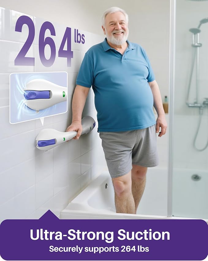 KEKOY 17.5 Inch Suction Grab Bars for Bathtubs & Showers with Indicator 2 Pack- Heavy Duty Safety Shower Handle for Seniors and Elderly, Handicap Bars for Bathroom, No Drilling, Purple
