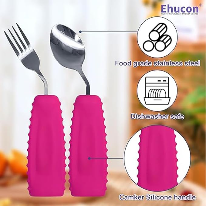 Adaptive Utensils,Weighted Angled Silverware,Parkinsons Aids,Curved Non-Slip Easy Grip Spoon and Fork Set for Tremors,Disabled,Handicap,Elderly,Arthritis (Right Hand,Pack of 2,Rose Pink)