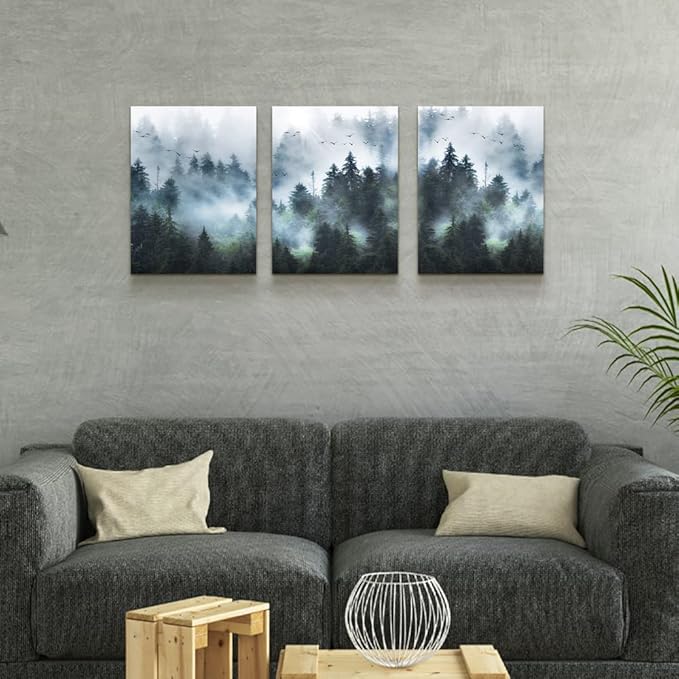 DZRWUBHS Canvas Wall Art - Modern Family Decor For Living Room, Bedroom & Office - Foggy Forest Trees Landscape Wall Painting - 3 Piece Set