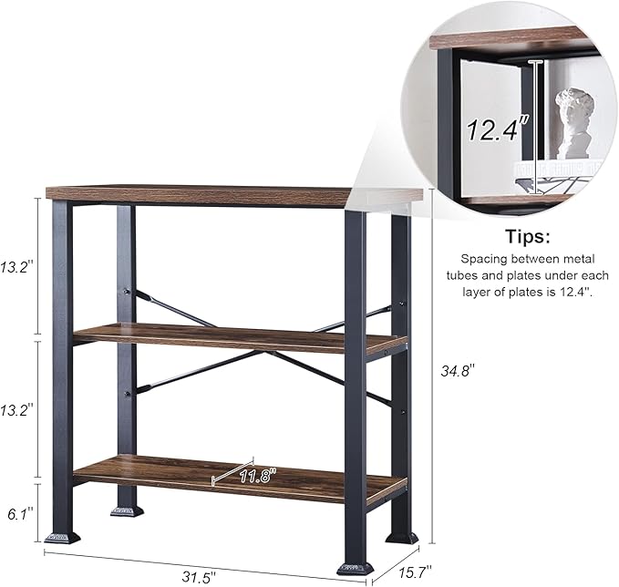 HOMBAZAAR 3 Tier Bookshelf,Rustic Brown Industrial Book Shelf,Engineered Wood and Metal Deep Bookcases,Low Shelf Bookcase for Living Room,Office,Bedroom and Kitchen