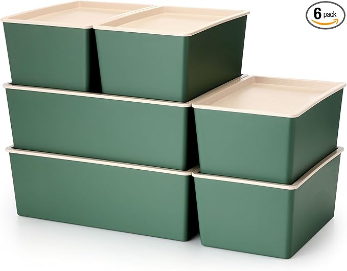 Menkxi 6 Pcs Large and Small Plastic Storage Bins with Lids 14.4 x 10.4 x 5.1 Inch Stackable Storage Containers Decorative Cubby Organizer for Clothes Shelves Garage Closet Office(Green)