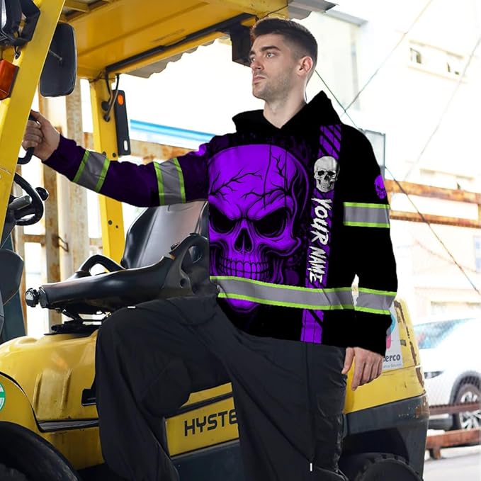 Matedecor Skull US Flag Reflective High Visibility Hoodie For Men Construction Hi Vis Safety Workwear Custom Name