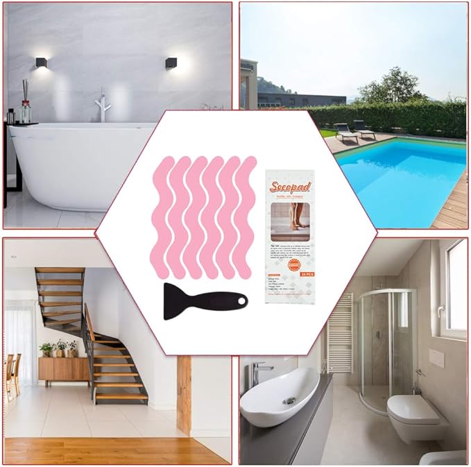 Anti Slip Shower Stickers, Adhesive Decals Safety Strips with Scraper for Bath Tub, Shower Floor, Stairs, 24 Pieces (Pink)