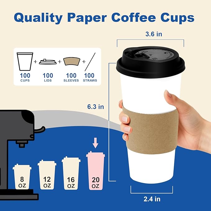 20 oz 100 Pack Coffee Cups with Lids and Sleeves, Straws, Hot Disposable To Go Travel Paper Cups Bulk for Office, Home Coffee Bar Accessories, Chocolate, Cocoa, Beverage (White)