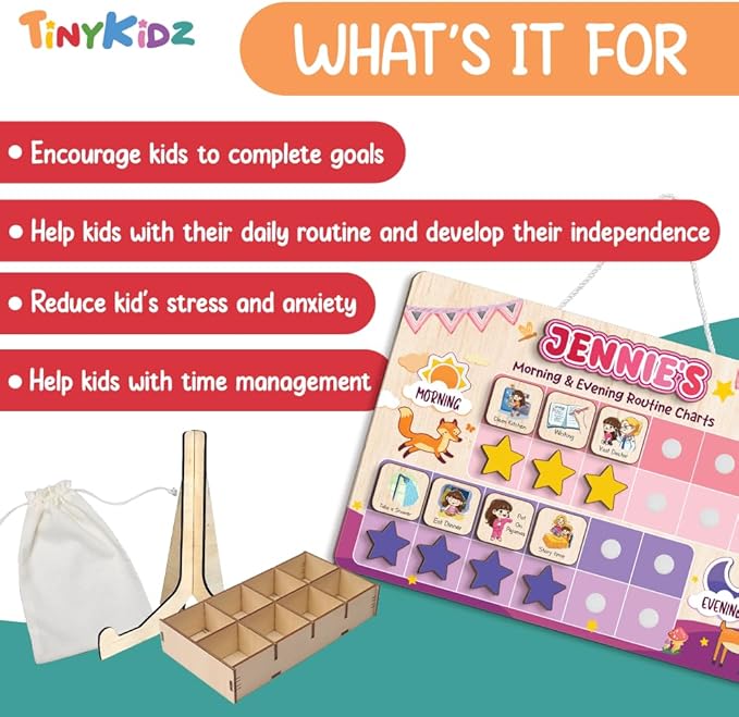 Wooden Chore Chart for Kids Visual Schedule, Routine Chart for Kids, Morning Bedtime Routine Chart for Toddlers Ages 2-4, Daily Kids Schedule Board for Home (13)