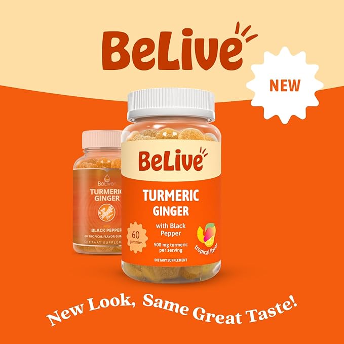 BeLive Turmeric Curcumin with Black Pepper & Ginger - 500 mg of Turmeric and Ginger Supplement for Immune Support, Healthy Skin, and Mobility - Tropical Flavor | 60 Count