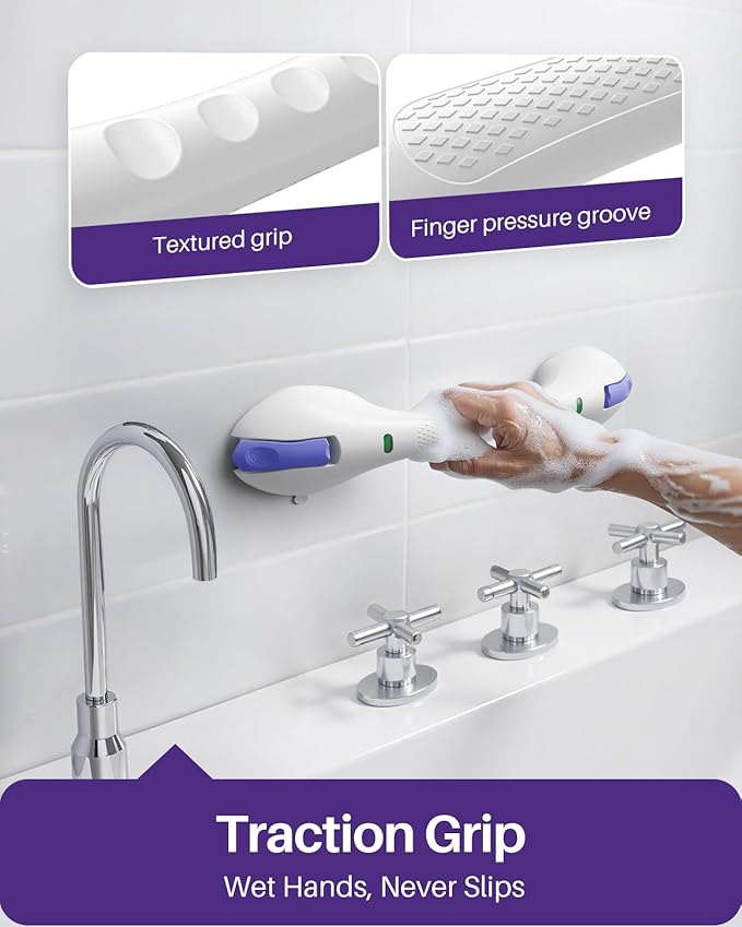 KEKOY 17.5 Inch Suction Grab Bars for Bathtubs and Showers with Indicator - Heavy Duty Safety Shower Handle for Seniors and Elderly, Handicap Bars for Bathroom, No Drilling and Removable, Purple