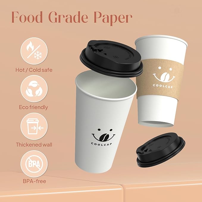 Coffee Cups with Lids and Sleeves, 16 Ounce 100 pack To Go Coffee Cups with Lids, Disposable Hot Coffee Paper Cups Bulk for Hot Beverage (16 Ounce, White) | with Lids, and Sleeves, To Go Coffee Cups, with Lids, Bulk, for Hot Beverage