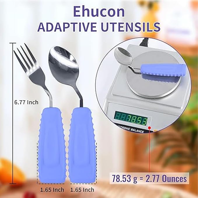 Adaptive Utensils,Weighted Angled Silverware,Parkinsons Aids,Angled Silverware Spoon and Fork Set for Elderly, Arthritis, Dementia, Disable, Handicapped Hands (Right Hand,Pack of 2,Purple)