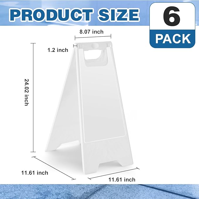 6 Pack 24 Inch Blank Floor Sign White A-frame Foldable Caution Sign Write-On Double Sided Safety Warning for Pool Restaurant Restroom Office