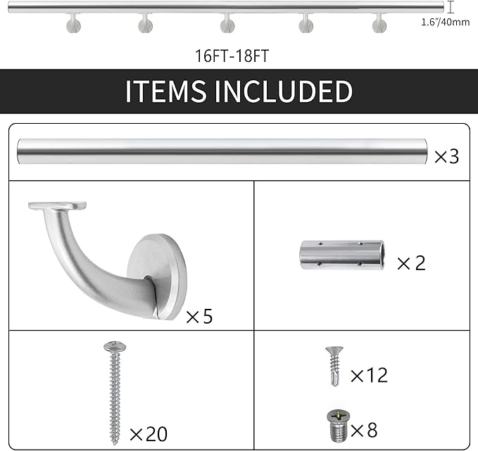 16 FT Modern Aluminum Handrail Set, handrails for Indoor Stairs,Deck,Slope, Wall Mounted Staircase handrails, Zink Alloy Brackets Included,Rust Free. (Anodized Silver, 16 FT)