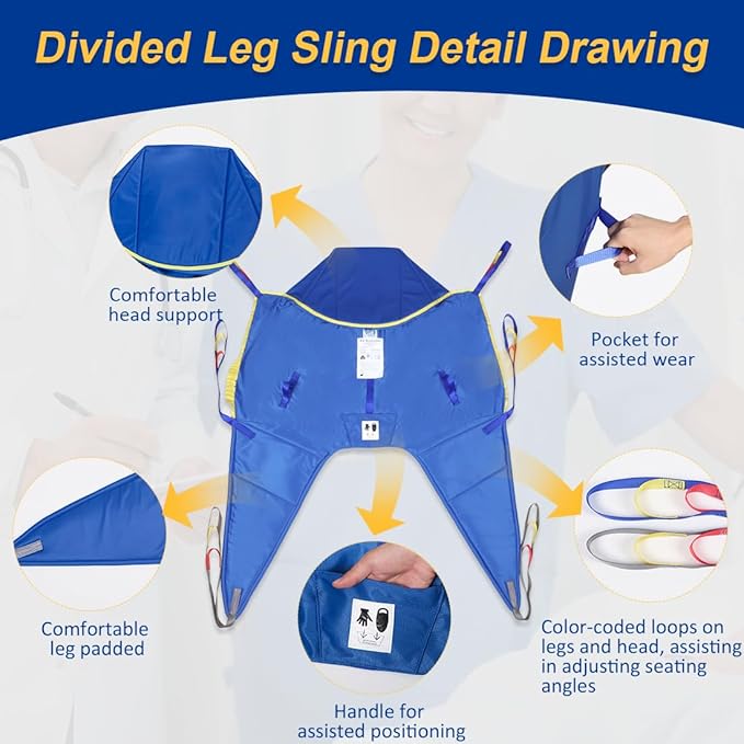 Patient Lift Slings for Home Use,Transfer Aids for Disabled and Elderly, Divided Leg Sling with Head Support,Hoist Sling for Toileting, Supports up to 500 lbs (Medium)
