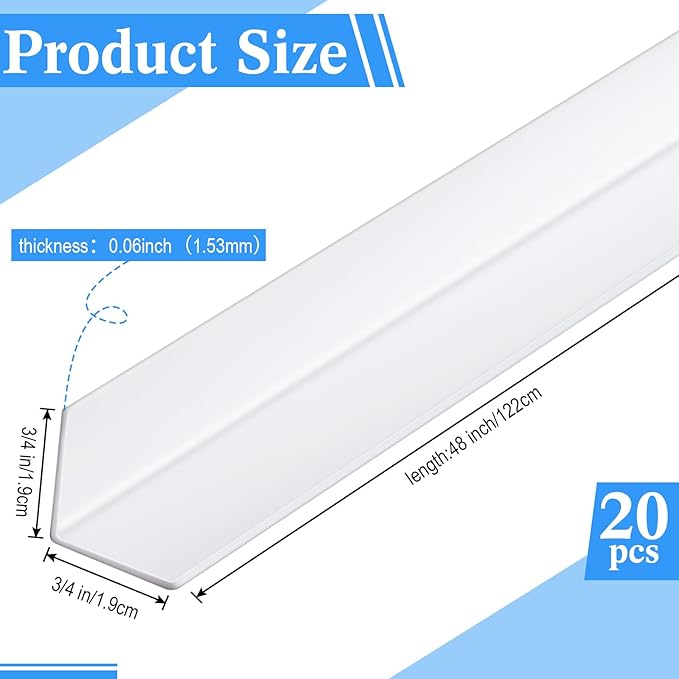 Sasylvia 20 Pcs Wall Corner Protector Guards, Vinyl 3/4 x 48 Inches Corner Trim Molding, Avoid Scratching Scuffs, Ease Install and Cleaning for Door Countertop Furniture Cabinet Protection, White