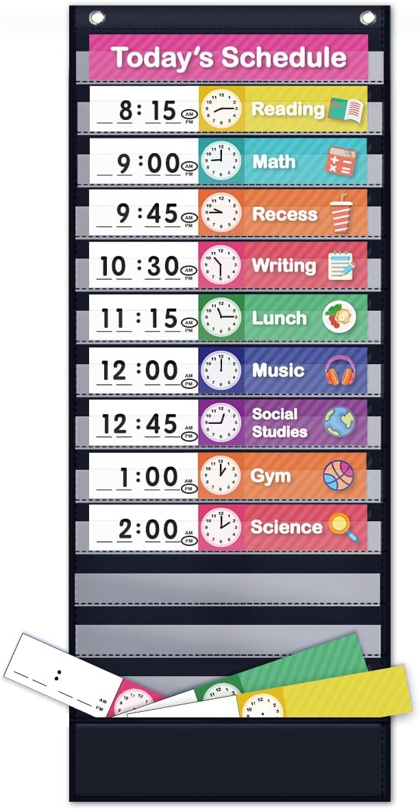 Eamay Daily Schedule Pocket Charts, Teaching Chart, Hoom, Eamay Daily Scheduling Pocket Chart with 13+1 Pockets, 18pcs Dry Erase Cards and 2 Hooks (Black-2)