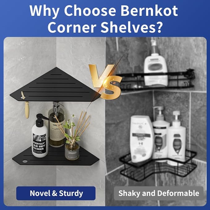 Corner Shower Shelves, Pentagonal Grout in Shelf w/Razor Holding Hole, 304 Stainless Steel Bathroom Shelf (Matte Black)