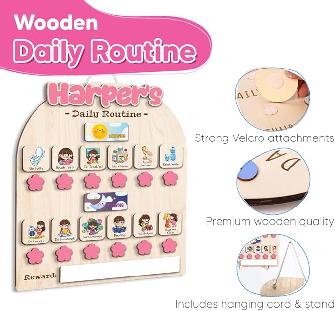 Personalized Wooden Chore Chart for Kids, Daily Routine Chart for Toddlers, Visual Schedule for Kids Age 3-5, Morning Bedtime Routine for Girls (02_1)