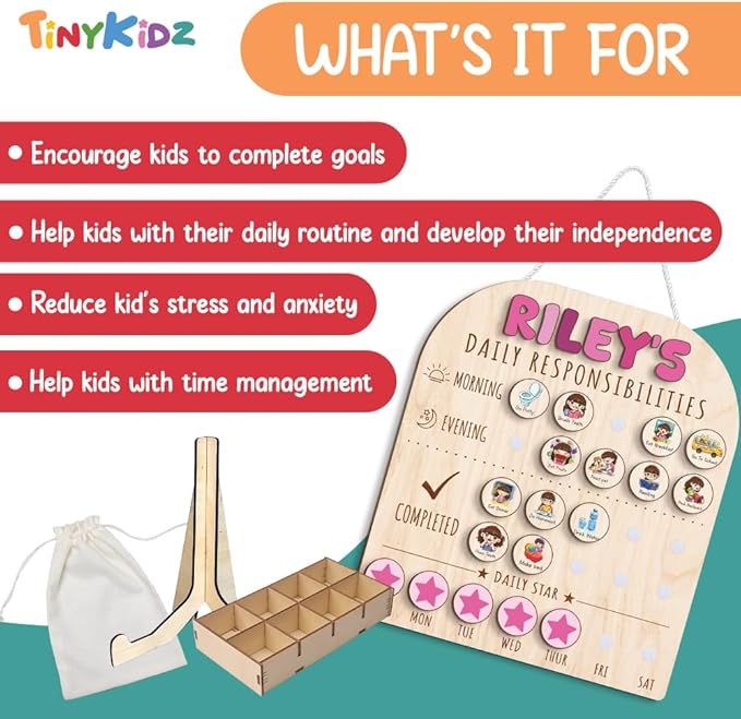 Personalized Wooden Chore Chart for Kids 15x17", Visual Schedule, Routine Chart for Kids, Morning Bedtime Routine Chart for Toddlers Ages 2-4, Daily Kids Schedule Board for Home (11)