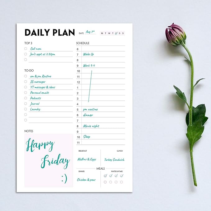 Daily Planner Notepad - A5 Calendar, Scheduler, Organizer with Priority, To Do List, Appointments, Notes, Meals and Water Intake Tracker, 50 Undated Tear-Off Sheets Planning Pad, 5.8"x8.25"