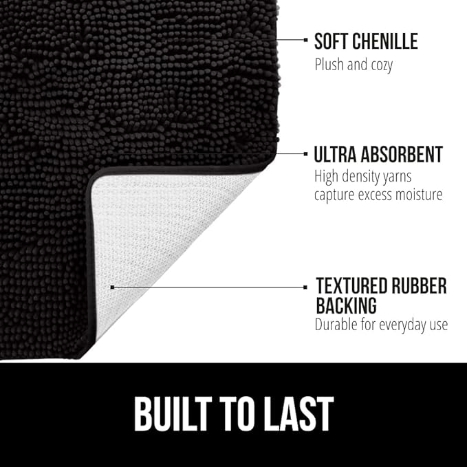 GORILLA GRIP Bath Rug Mat 60x24, Thick Soft Absorbent Chenille, Quick Dry Microfiber Mats, Rubber Backing Washable Shower Floor Rugs, Bathmat Runner, US Designed Bathroom Home Decor Accessories Black