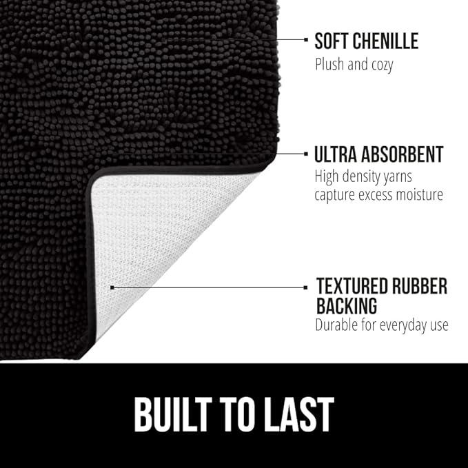 GORILLA GRIP Bath Rug Mat 44x26, Thick Soft Absorbent Chenille, Quick Dry Microfiber Mats, Rubber Backing Washable Shower Floor Rugs, Bathmat Runner, US Designed Bathroom Home Decor Accessories Black