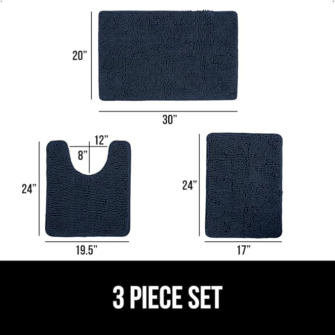 GORILLA GRIP Bathroom Rug Sets 3 Piece, Bath Mat Set and Oval Toilet Base with Rubber Backing, Plush Absorbent Shaggy Chenille Washable Mats, Includes 24x19.5, 24x17 and 30x20 Inch Rugs, Navy