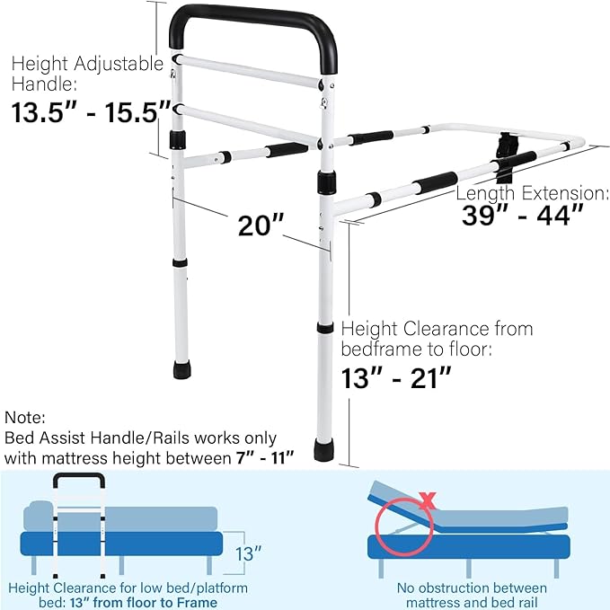 Vaunn Medical New Adjustable Bed Assist Rail Handle (Passed ASTM F3186–17 Safety Standard) and Hand Guard Grab Bar, Bedside Safety and Stability (Tool-Free Assembly)