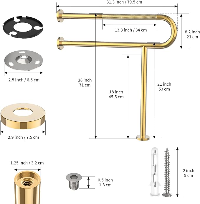 Toilet Grab Bar 31.3 Inch with Leg, YuanDe Wall Mounted Safety Bar, Brushed Gold Stainless Steel Anti-Slip Bathroom Support Rail for Elderly, Disabled, Handicap, Seniors, Injury Recovery